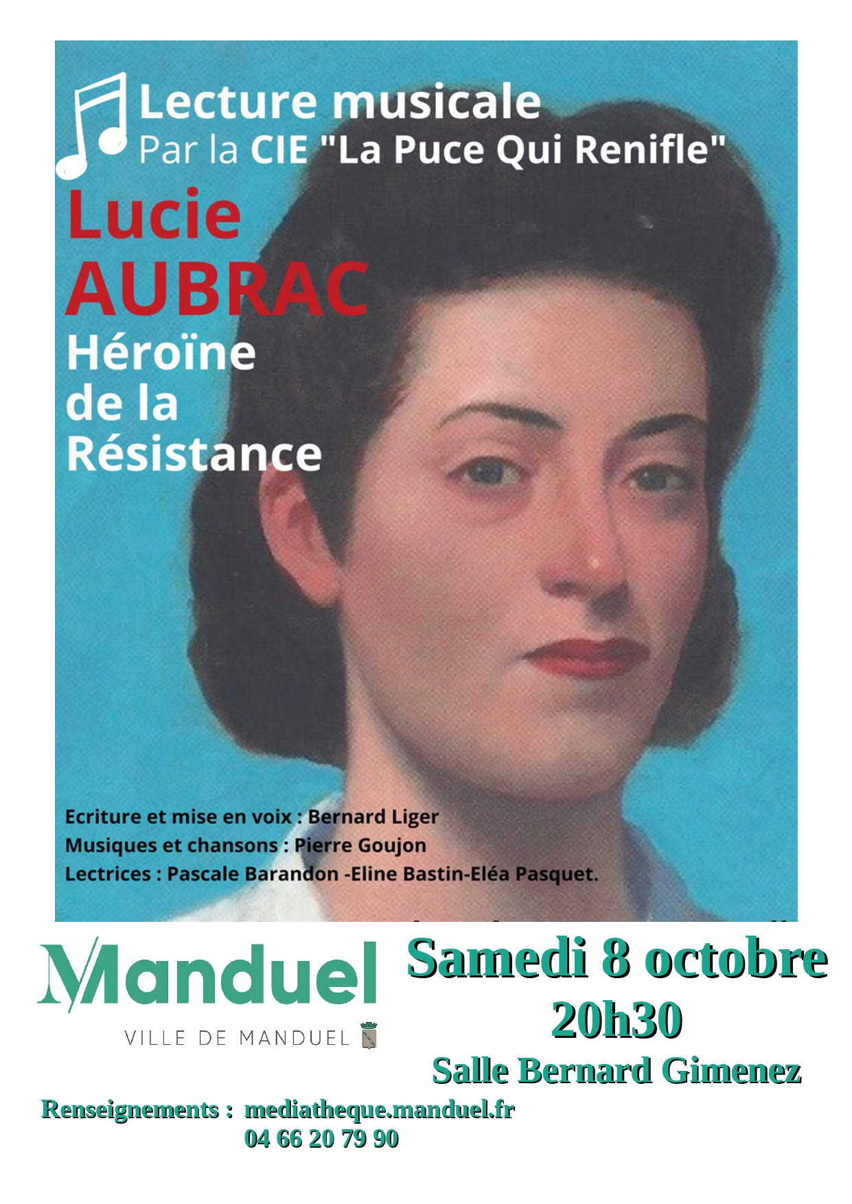 Affiche Lucie Aubrac lecture musicale 08 10 2022 